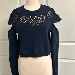 JONATHAN SIMKHAI size M Cropped Navy Sweatshirt w/ Cut Out Shoulders Lace